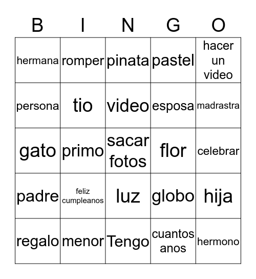 Spanish 1 Bingo Card