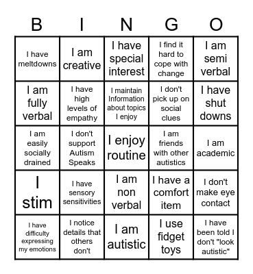 AUTISM BINGO Card