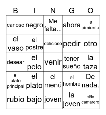 Spanish 1 Bingo Card