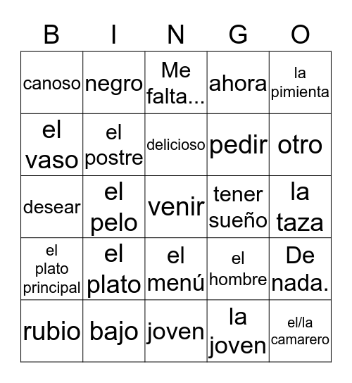 Spanish 1 Bingo Card
