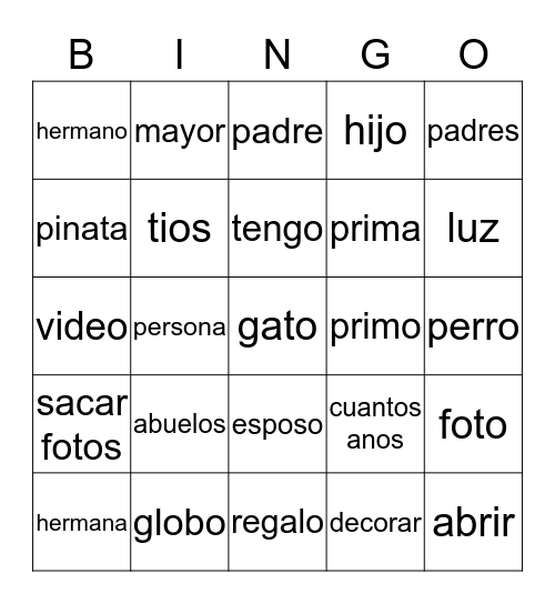 Spanish 1 Bingo Card
