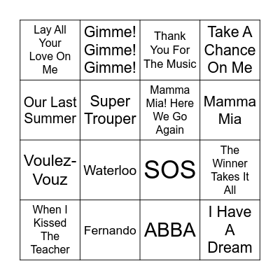 Mamma Mia!! Bingo Card