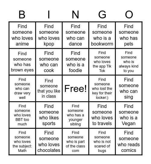 1A Bingo Game Bingo Card