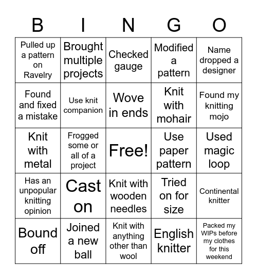 Knitting Bingo Card