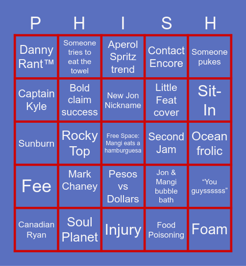 Phish Mexico Bingo Card