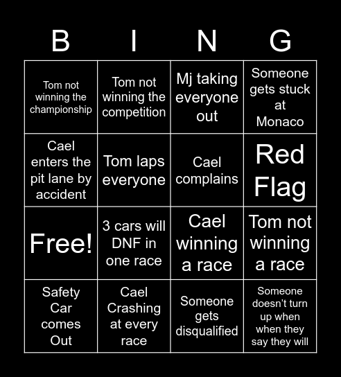 F1 Bingo Card