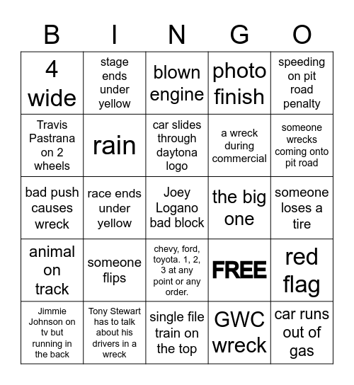 daytona 500 Bingo Card