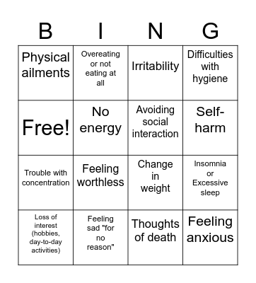 Depression Bingo Card