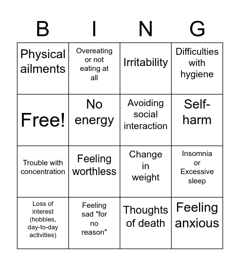 Depression Bingo Card