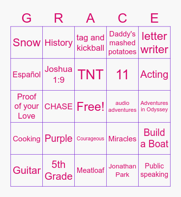 Grace's Birthday Bingo Card
