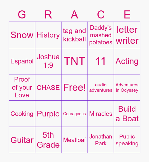 Grace's Birthday Bingo Card