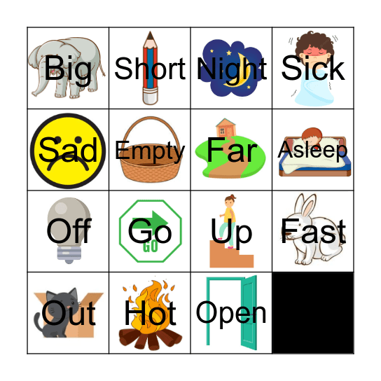 Opposites 2 Bingo Card