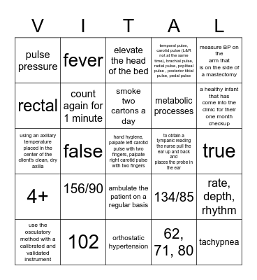 Vital Signs Bingo Card