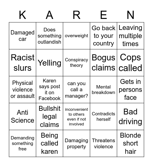 Karen Bingo! Bingo Card
