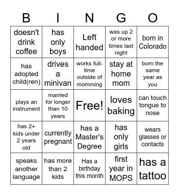 MHV MOPS BINGO! Bingo Card