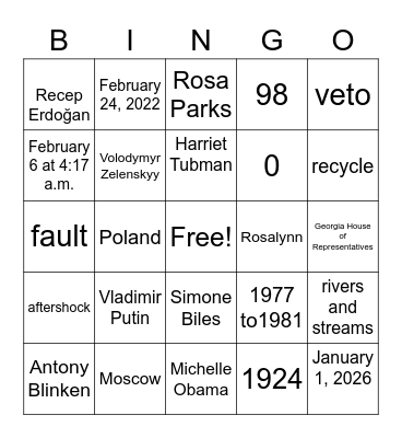 February 2023 Current Events Bingo Card