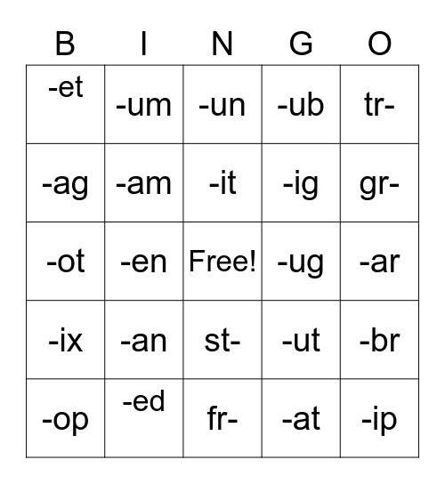 First Grade Phonics Bingo Card