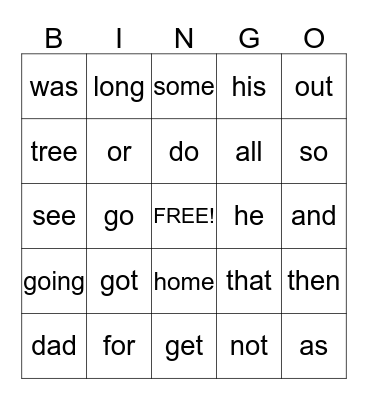 SIGHT WORDS BINGO Card