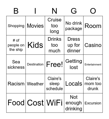 Steven's Cruise Complaint Bingo Card