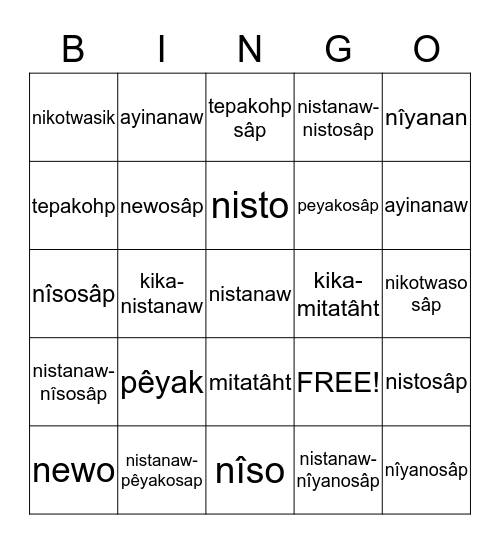 Akihtâsowina Bingo Card