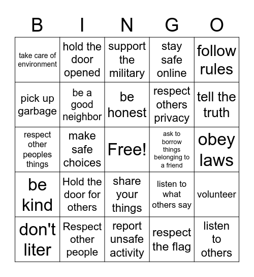 Good Citizen Bingo Card