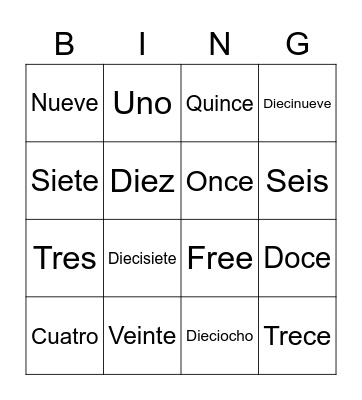 The Numbers in Spanish Bingo Card