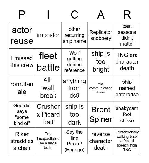 Star Trek: Picard Season One Three Bingo Card