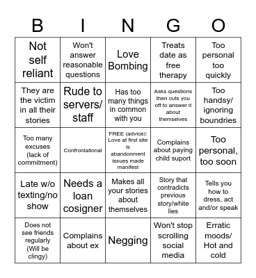 First Date Red Flag Bingo Card