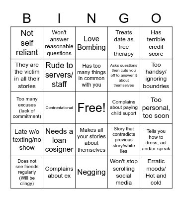 First Date Red Flag Bingo Card