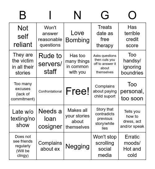 First Date Red Flag Bingo Card