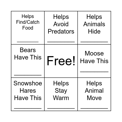 Animal Adaptation Bingo Card