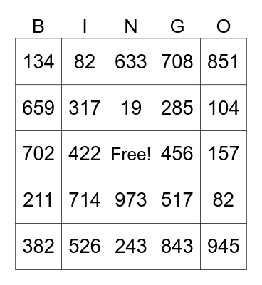 Place Value Bingo to1000 Bingo Card