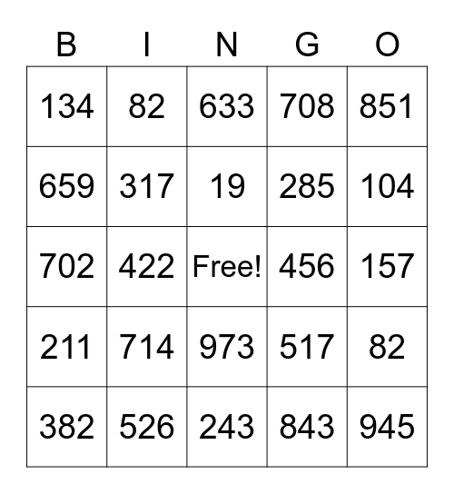 Place Value Bingo to1000 Bingo Card