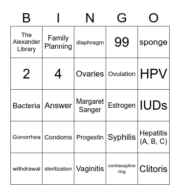 Sexual Health Bingo Card