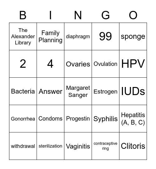 Sexual Health Bingo Card 8352