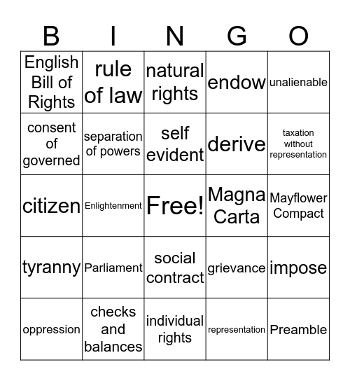 Unit 2 - America's Political Heritage Bingo Card