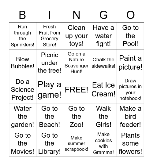 Bucket List Bingo Card