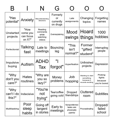 I think I have ADHD Bingo Card