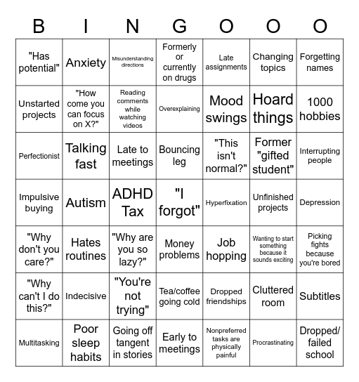 I think I have ADHD Bingo Card