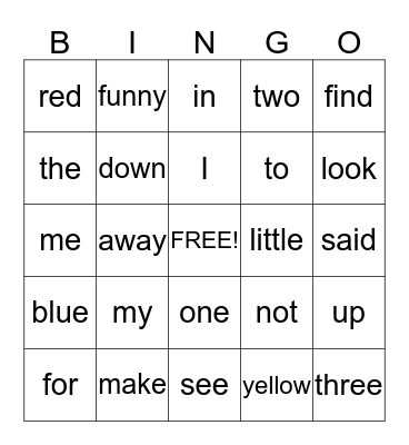 Sight Word Bingo Card