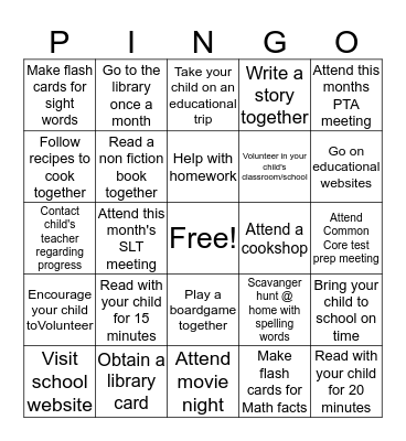 Parent Involvment Nurtures Great Opportunities Bingo Card
