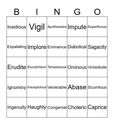 Vocabulary Bingo Card