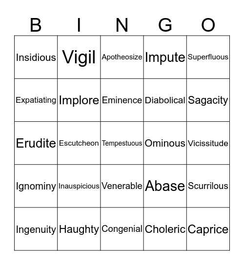 Vocabulary Bingo Card