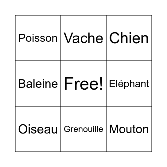 Nommez l'animal Bingo Card