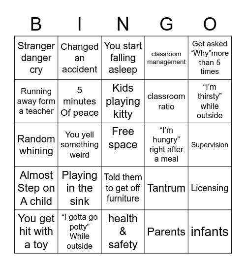 Childcare Bingo Card