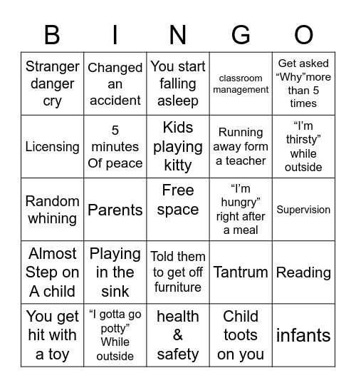 Childcare Bingo Card