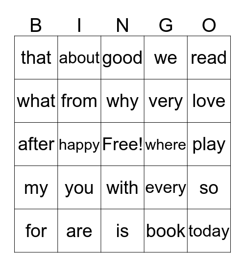 Sight Word Bingo Card