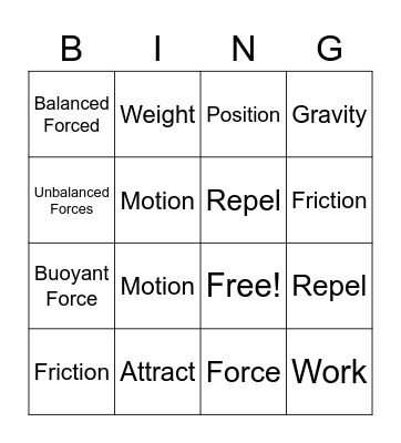 Force and Motion Bingo Card