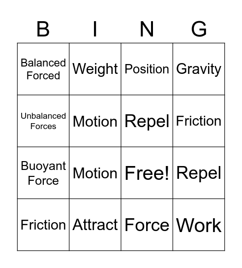 Force and Motion Bingo Card