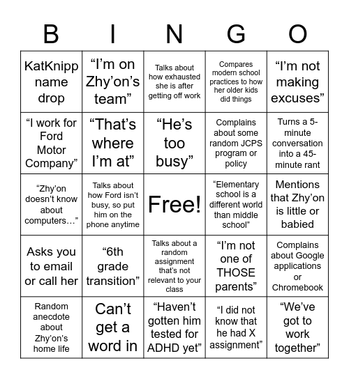 Linton Bingo Card